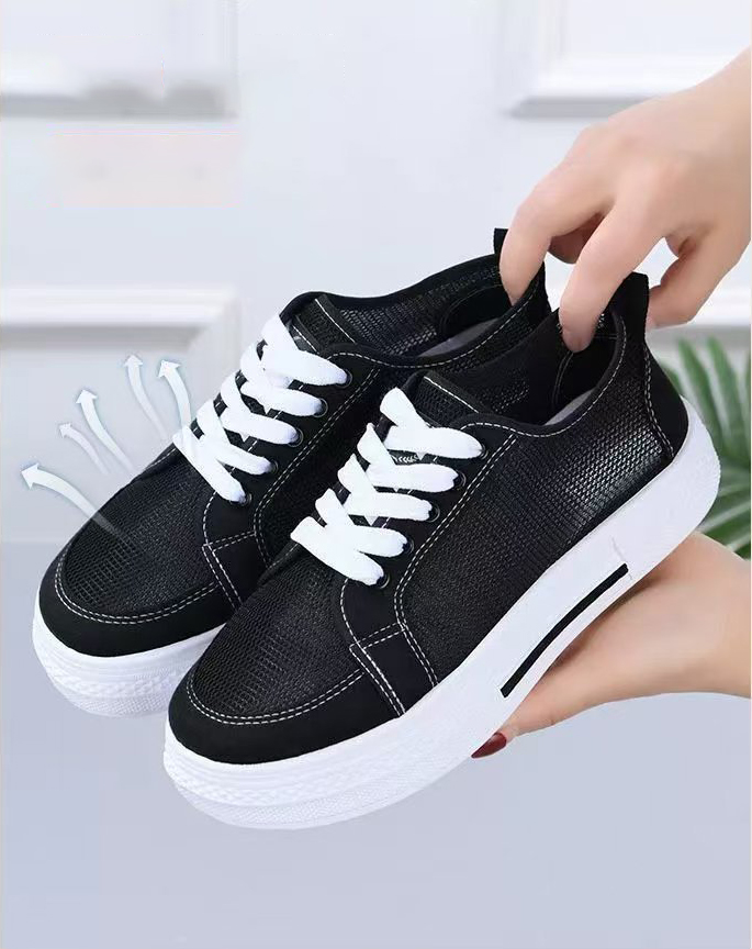 Giày Thể Thao Lưới Vải Nữ Buộc Dây, Đế Bằng, Đa Năng, Thoáng Khí, Phong Cách Hàn Quốc GN51